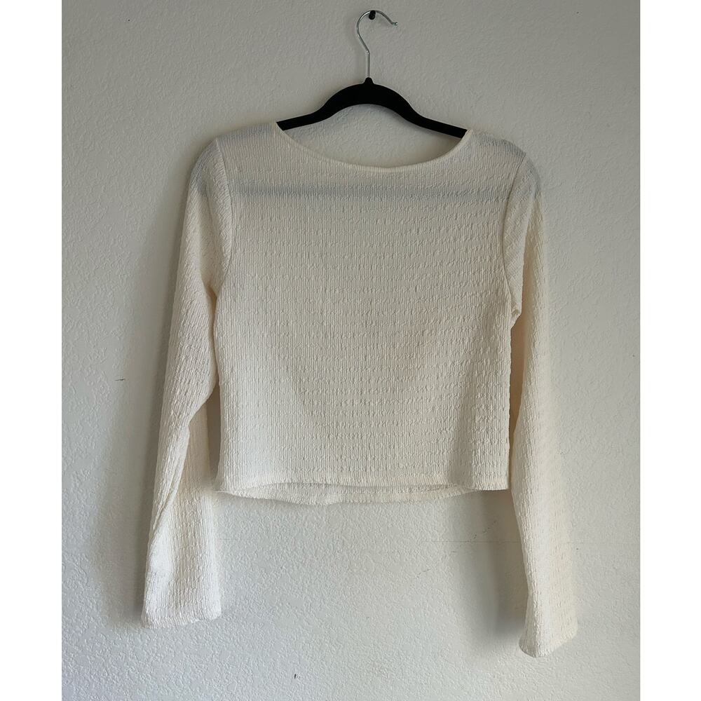 Kirious Los Angeles Cream Cropped Crinkle Long Sleeve Babydoll Peasant Top Large - Picture 2 of 12